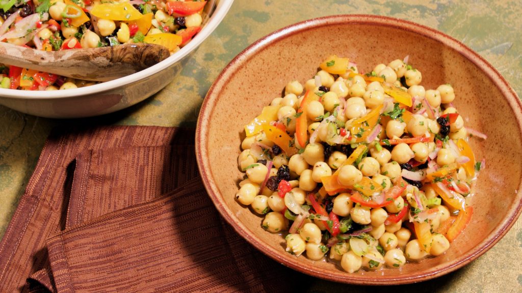 Classic Chickpea Salad with Red and Orange Peppers, Green Onion and Lemon Vinaigrette with Parsley and Thyme