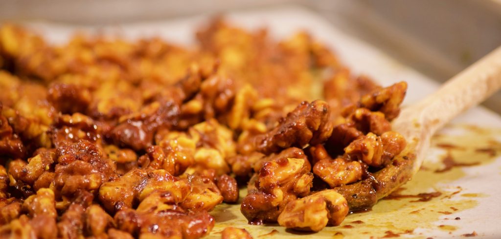 Spiced Candied Walnuts on tray