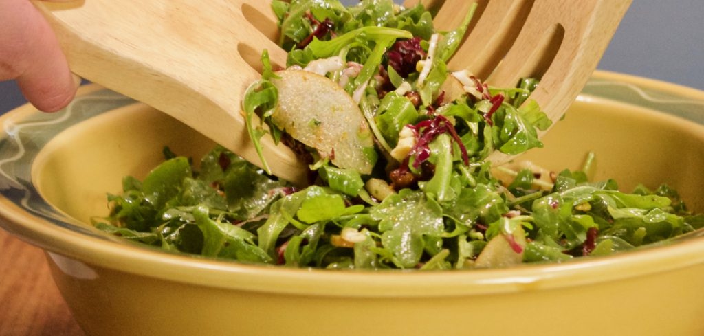 Arugula Salad with Pear & Blue Cheese and Turmeric Pecans