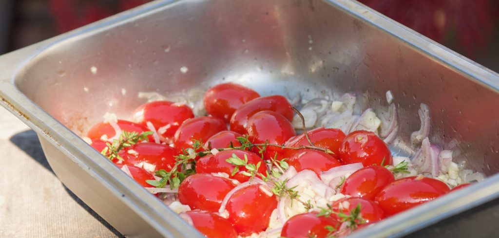 Cherry Tomatoes, Shallots, Garlic and Olive Oil in roasting pan