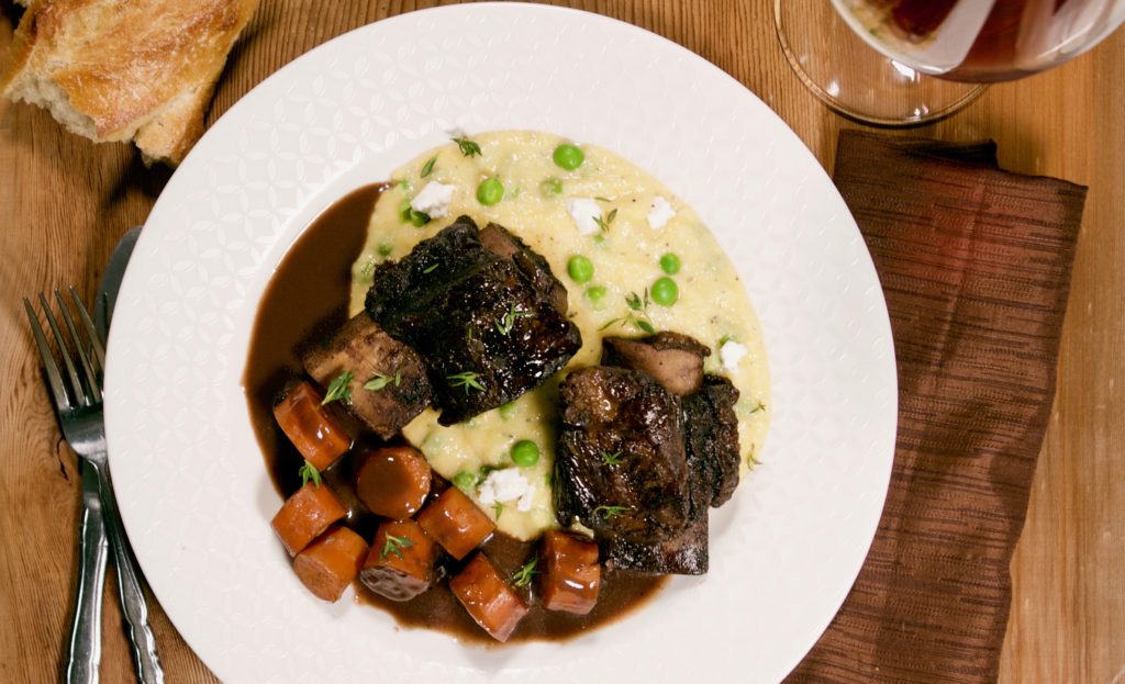 Chocolate Braised Short Ribs with Carrots, Creamy Polenta and Wine