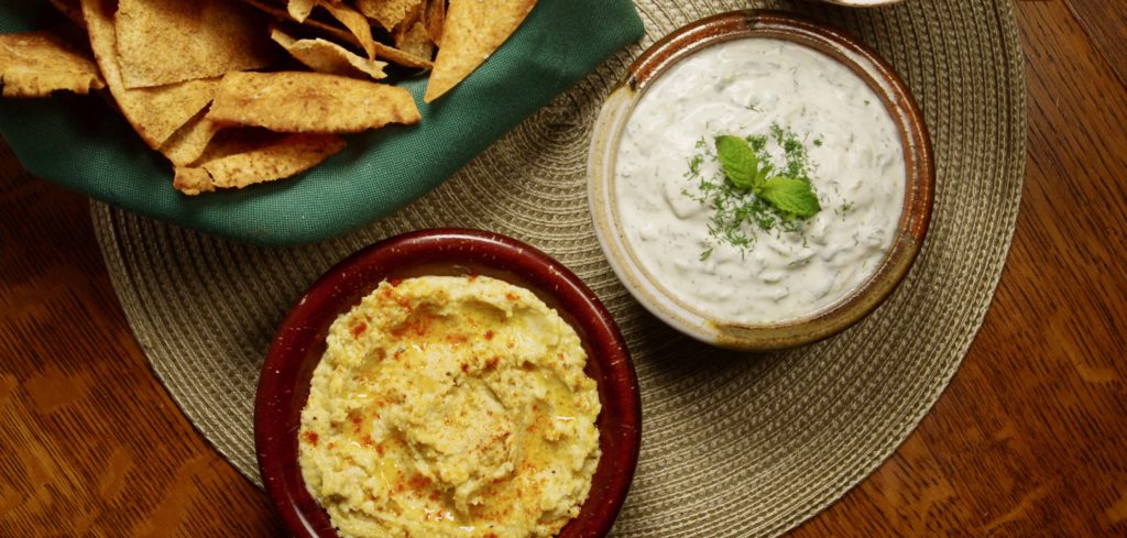 Traditional Hummus with Homemade Pita and Tzatziki