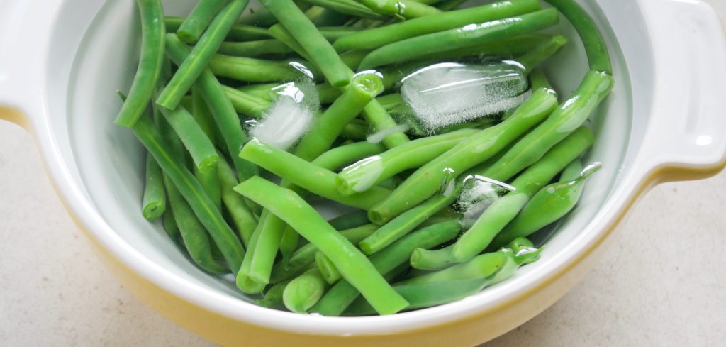 Green Beans in ice bath after blanching