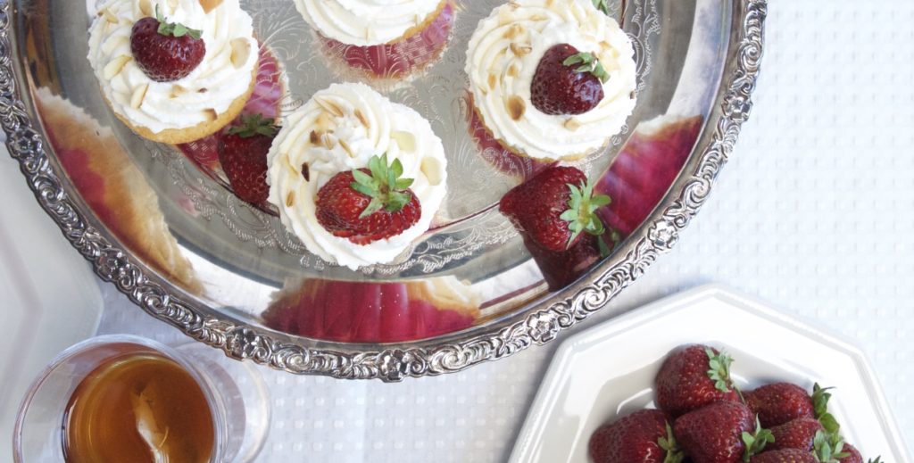 Strawberry Shortcake Cupcakes, Strawberries, tea and Whip Cream