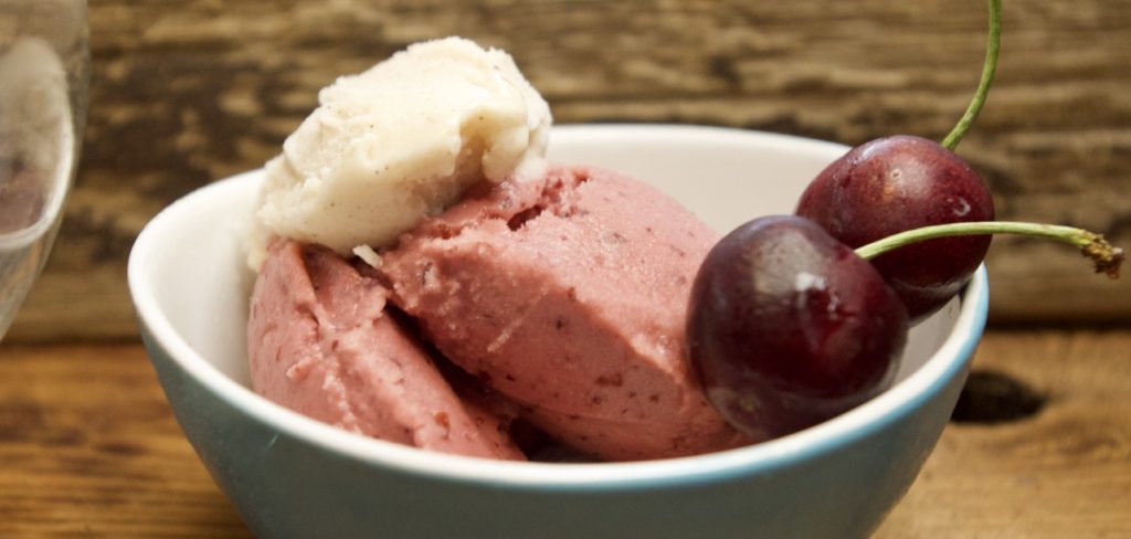 Easy Yogurt Ice Cream, Cherry and banana with fresh cherry granish