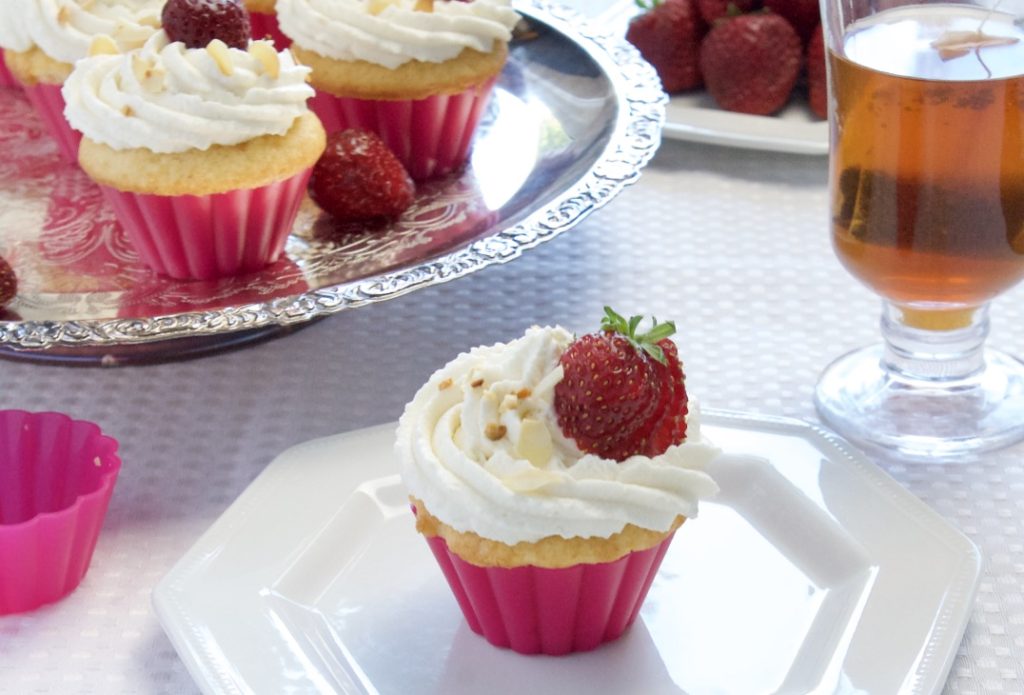 Strawberry Shortcake Cupcakes, Strawberries, tea and Whip Cream