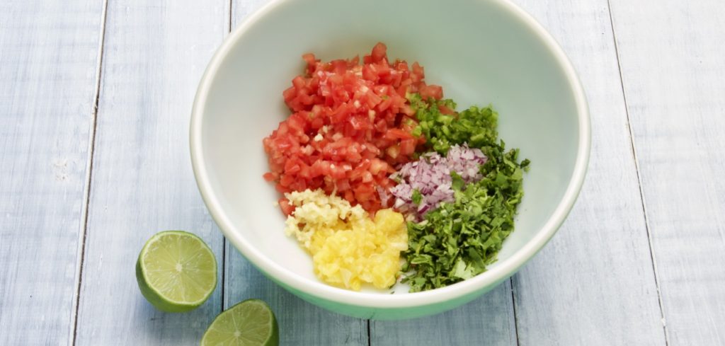 Tomato, cilantro, jalapeno, pineapple, red onion and lime