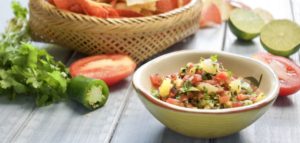 Chips and Pineapple Salsa, with cilantro, tomato, and Jalapeno