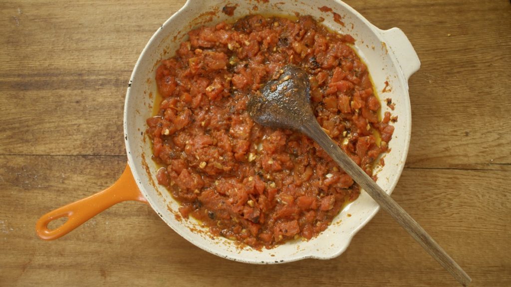 Tomato Sauce in cast iron pan.